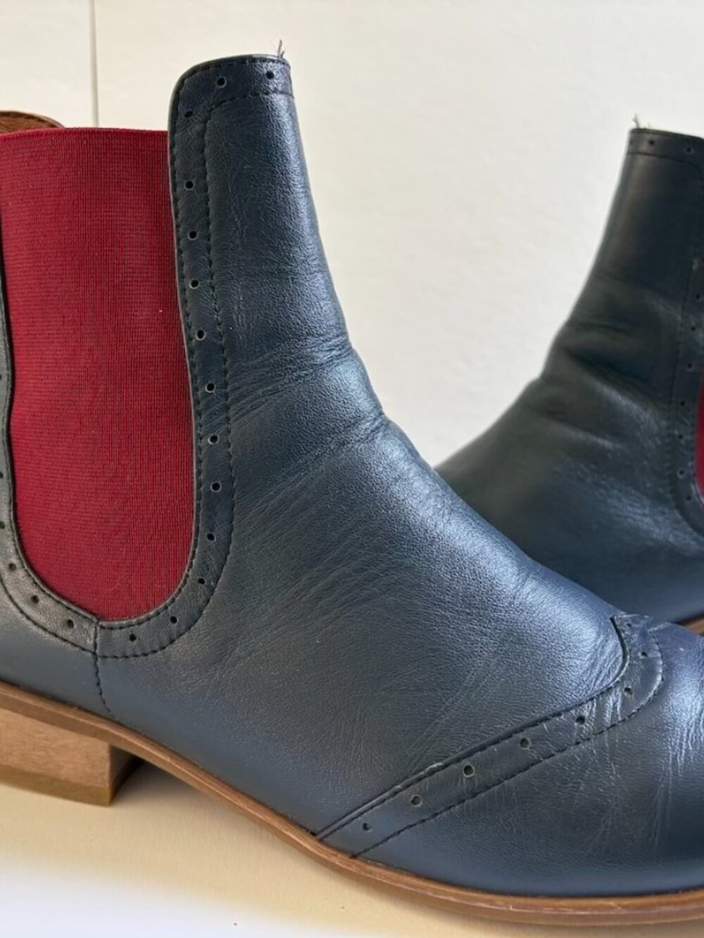 Julia Bo Custom Handmade Navy Leather & Burgundy Wingtip Chelsea Ankle Boots